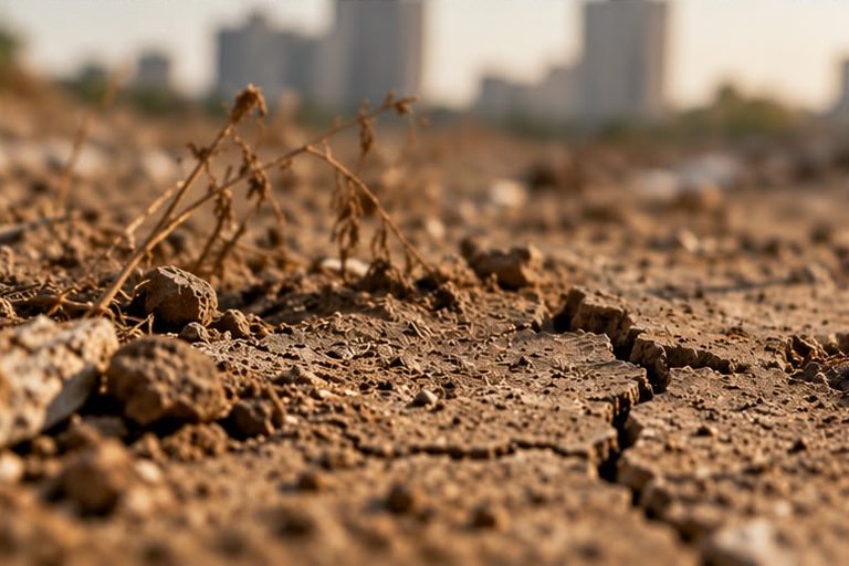 Cracked ground at eye level: dry clods and dead stalks, the towers soft in the haze behind.
