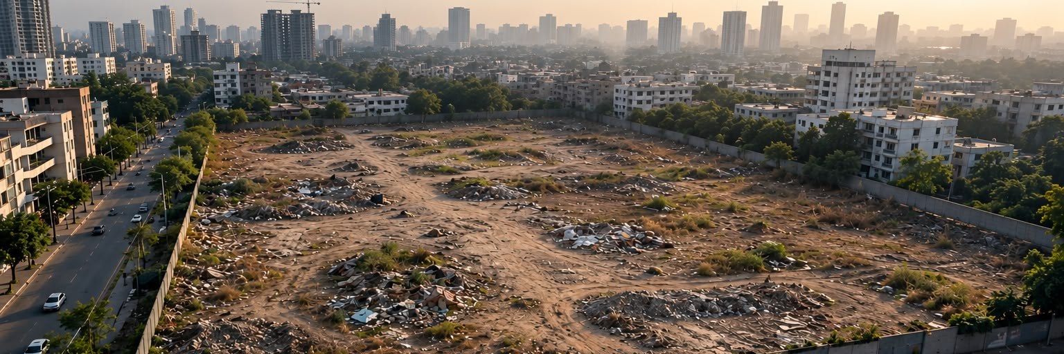 Wide aerial of the plot on day one: dumped waste and bare earth walled in between the road and the housing, the city skyline behind in the haze.