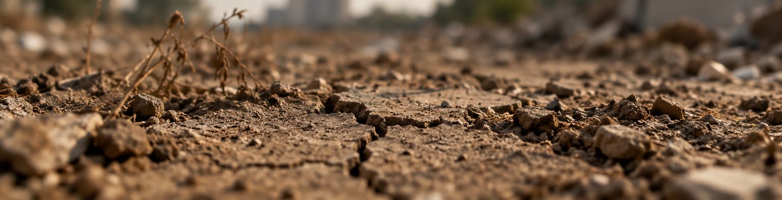 Cracked, sunbaked soil under a low sun