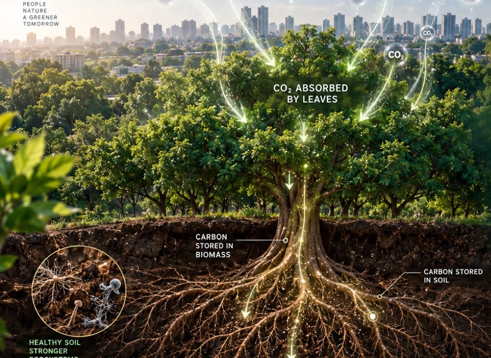 A mature tree in a soil cross-section beneath a city skyline: carbon dioxide drawn into the canopy, carbon held in the trunk and roots, and carbon held in the soil around them.