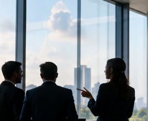 Three people silhouetted at a boardroom window over a city skyline