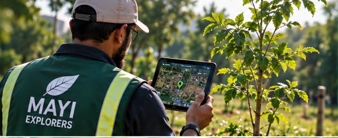 A Mayi Explorers field worker photographed from behind, reading a site map on a tablet among young trees