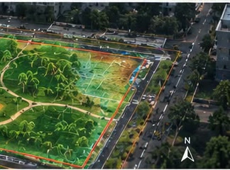 Aerial view of the plot with analysis zones marked and a north arrow