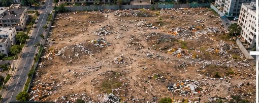 Aerial view of the empty plot before work, bare ground and scattered debris