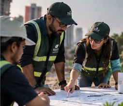 Two planners in vests working over drawings on a site table