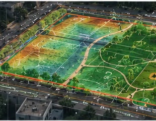 An elevation heatmap laid over an aerial view of the plot