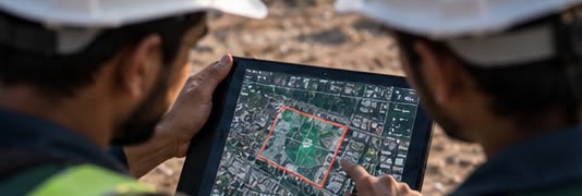 Two surveyors hold a tablet showing an aerial site map with the plot boundary marked