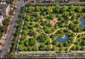 Aerial render of the plantation plan: tree groups, winding paths and two water features
