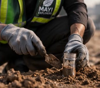 Gloved hands sampling soil into a glass jar