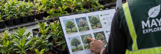 A tablet showing native tree species beside trays of seedlings