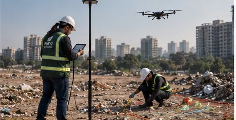 A surveyor with a tablet at a survey pole while a colleague marks the ground and a drone flies overhead