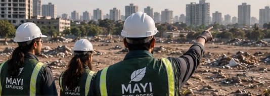Three Mayi Explorers surveyors in helmets and vests look across a cleared plot toward the city skyline, one pointing
