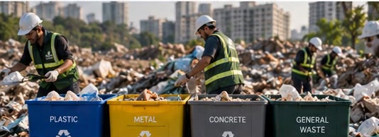 Crew sorting a waste heap into four colour coded bins