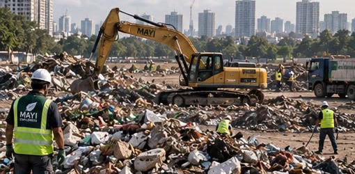 An excavator clearing waste and construction debris from the plot, the city skyline behind.