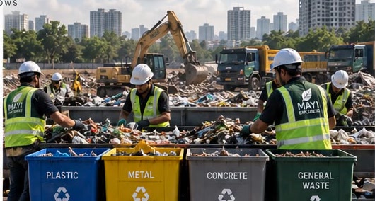 A crew in high-visibility vests sorting waste into colour-coded bins for plastic, metal, concrete and general waste.