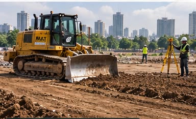 A bulldozer grading and levelling the cleared plot.