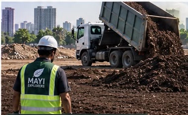 A tipper truck unloading dark organic soil onto the levelled ground.