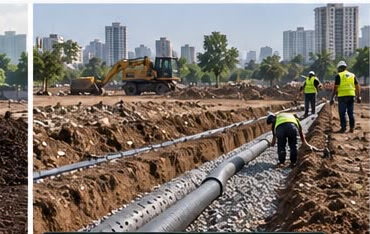 A drainage pipe laid in a gravel trench cut across the plot.