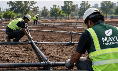 A crew laying black irrigation lines across the prepared ground.