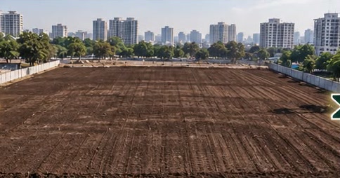 The same plot after restoration: dark, levelled soil from wall to wall.