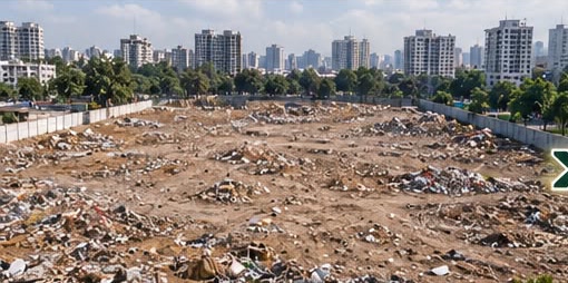 The plot before: dumped waste and rubble across bare ground, walled in below the skyline.