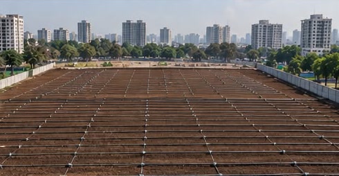The plot ready for greening: drip irrigation lines laid in straight rows across the soil.