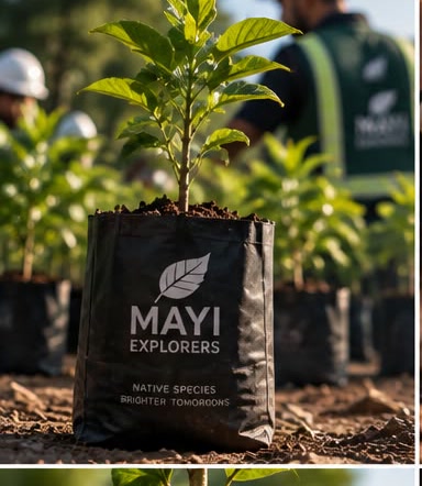 A young sapling in a black Mayi Explorers nursery bag, more bagged saplings and two field workers in high-visibility vests behind.