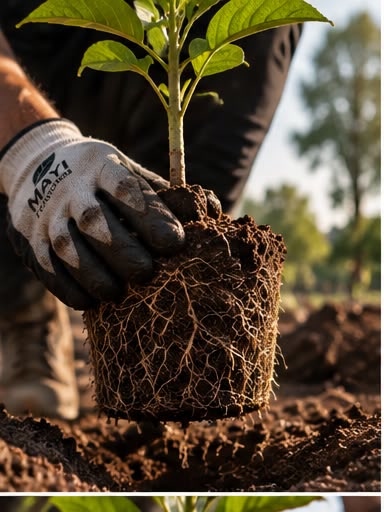Gloved hands holding the sapling's root ball, roots wrapped tight around dark soil.