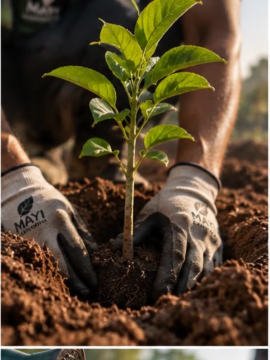Gloved hands lowering the sapling into a freshly dug pit.