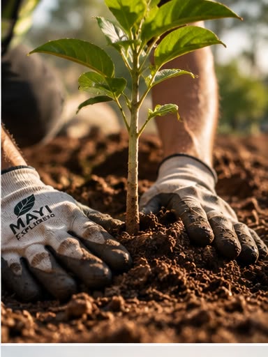 Gloved hands pressing the soil firm around the sapling's stem.