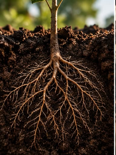 A cross-section of soil with the sapling's roots spreading down into the ground.