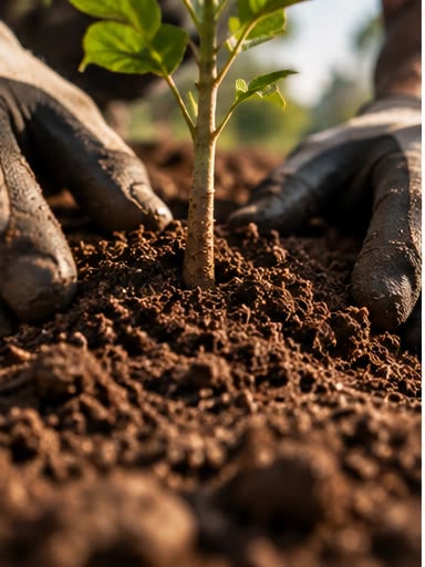 The sapling's stem rising from closed, dark soil.