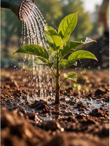 A watering can pouring over the newly planted sapling.
