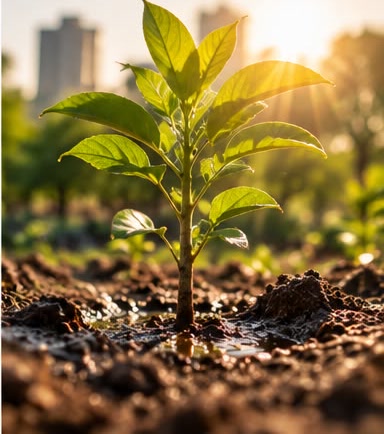 The planted sapling standing in low sun, the city skyline soft behind it.