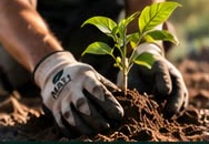 Gloved hands planting a sapling