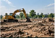 An excavator on a cleared plot