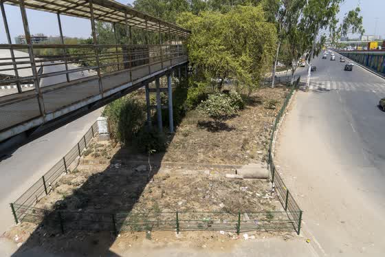 A planted strip running under the overbridge.